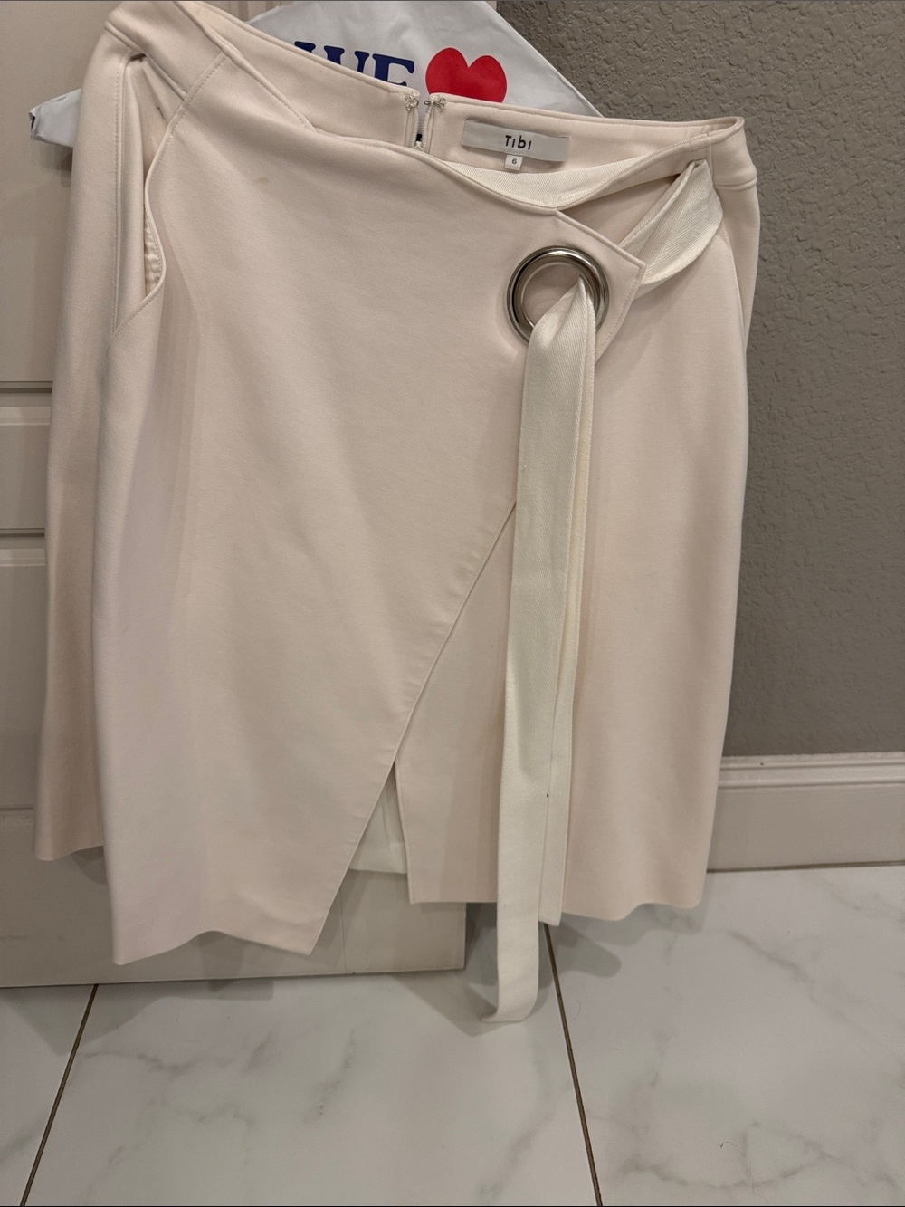Tibi Ivory Asymmetrical Wrap Skirt with Silver Ring Belt